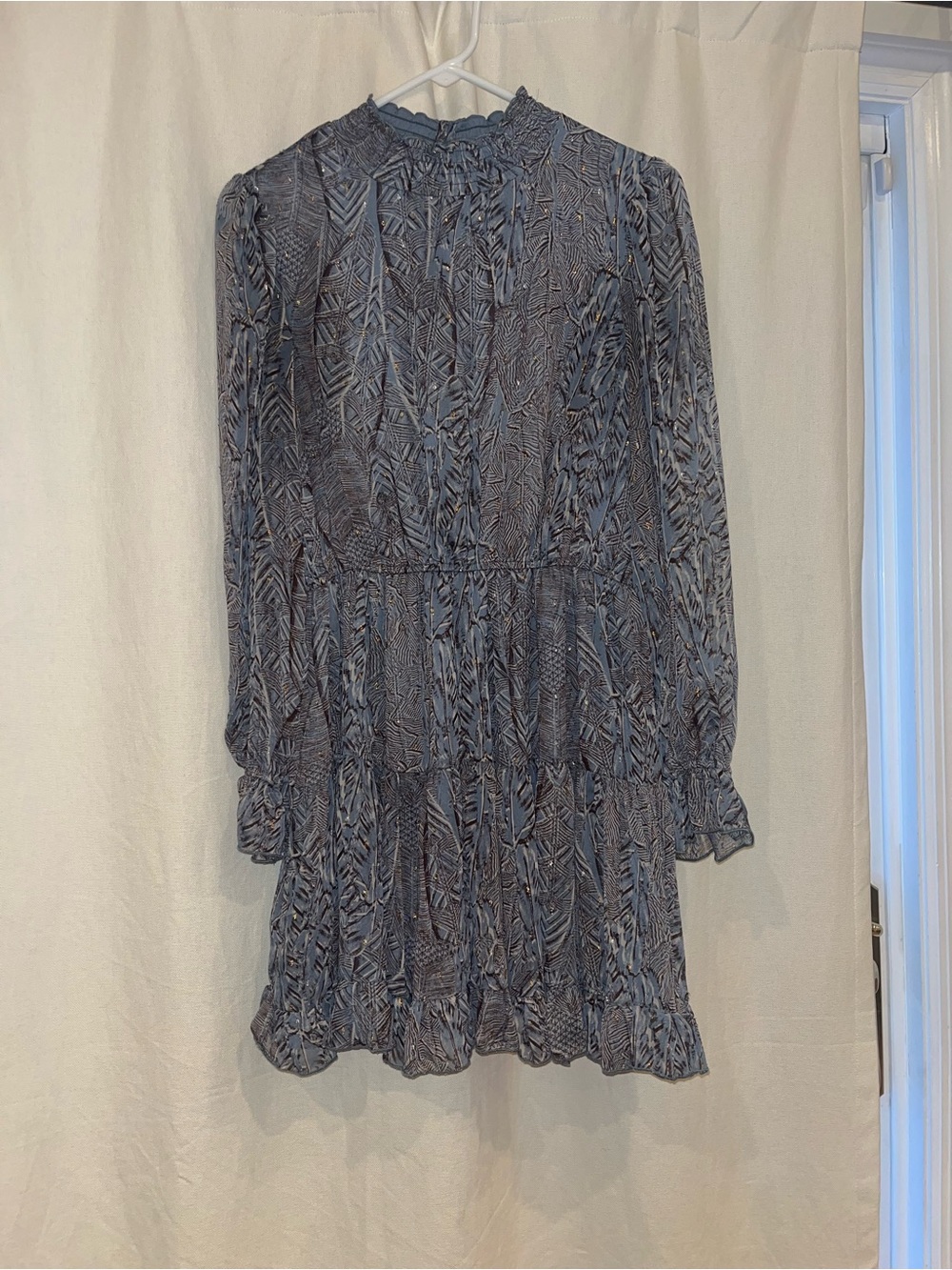 Aqua Blue Multi-Pattern Long-Sleeve Ruffle Dress
